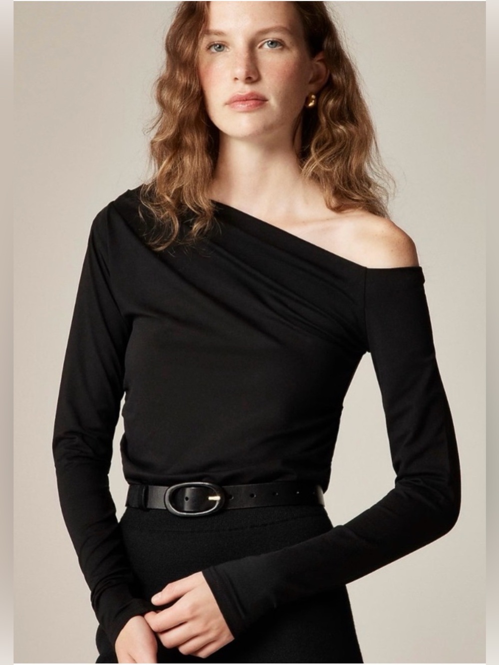 J.Crew Asymmetrical off-the-shoulder top in stretch cotton blend in black